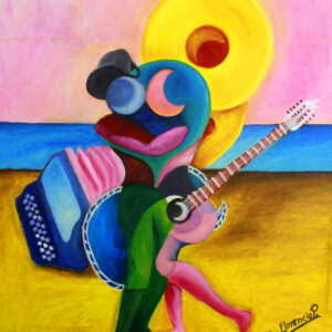 Pintura al óleo "Cumbia con la luna, cumbia con el sol" de Lorenzo Florencio Pineda, de la serie "Corridos bidimensionales".